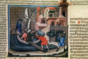 Laden van goederen op een schip, uit het manuscript 