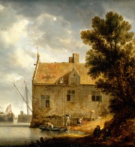 Bouwers repareren een huis bij een rivier door Bonaventura Peeters