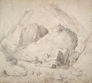 Bergachtig landschap met figuur te paard op de voorgrond door Bonaventura Peeters