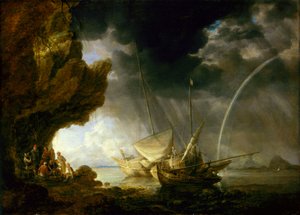 Zeegezicht met zeelieden die schuilen voor een regenbui, midden 17e eeuw