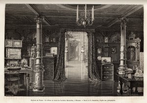 Het werkvertrek van de aartshertog van Oostenrijk Maximiliaan (1832-1867), in het kasteel van Miramar, dat hij liet bouwen in de buurt van Triëst, vanaf 1857, toen hij werd uitgeroepen tot onderkoning van het koninkrijk Lombardije en Veneto, gegraveerd doo door Bonnafoux Bonnafoux