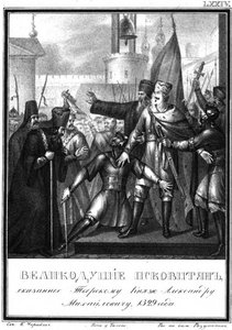 Grootvorst Alexander Michailovitsj in Pskov. 1329 Uit Geïllustreerde Karamzin, 1836