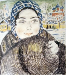De vrouw van een jonge koopman in een geruite sjaal door Boris Mikhailovich Kustodiev