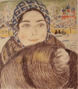 Een jonge koopmansvrouw in een geruite sjaal door Boris Mikhailovich Kustodiev