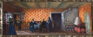 Voorbereidend decor voor het toneelstuk De dood van Pasukhin van Mikhail Saltykov-Shchedrin