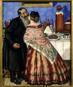 De paasgroeten (een paar kust bij de tafel gedekt voor het paasmaal) - Schilderij van Boris Michaylovich Kustodiev (1878-1927), tempera op karton