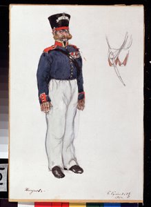 Kostuumontwerp voor het toneelstuk Vurig Hart van A. Ostrovski door Boris Mikhailovich Kustodiev