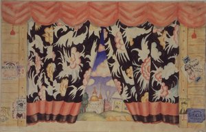 Schets van gordijn voor het toneelstuk De vlo door E. Zamyatin, 1925-1926 door Boris Mikhailovich Kustodiev