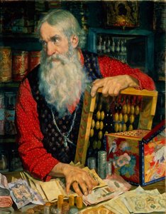 De koopman oude man met geld, 1918 door Boris Mikhailovich Kustodiev