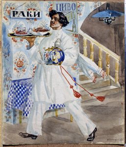 Een Russische ober in een taverne in Moskou die een dienblad met eten en theepotten draagt.