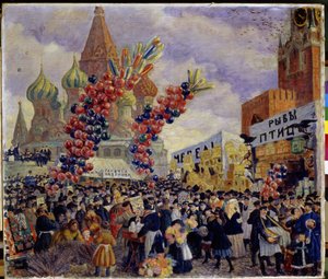 Een kermis op het Rode Plein van het Kremlin in Moskou. De menigte beweegt zich tussen de verschillende marktkramen, versierd met gigantische trossen ballonnen. De Sint-Basiliuskathedraal is te zien. door Boris Mikhailovich Kustodiev