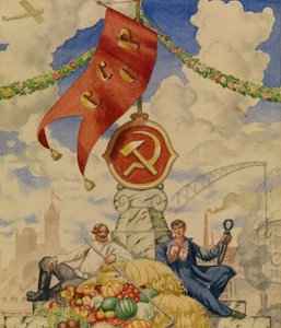Werker en boer, 1923 door Boris Mikhailovich Kustodiev