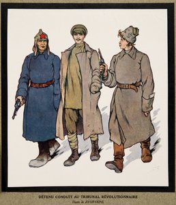 Gevangene wordt naar een Revolutionair Tribunaal gebracht; uit Histoire des Soviets, uitgegeven 1922