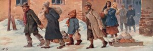 Sovjetarbeiders verlaten hun kantoren met hun voedselrantsoenen door Boris Vasilievich Zvorykin