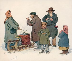 Vrouw die hete soep verkoopt op straat in Sovjet-Rusland door Boris Vasilievich Zvorykin