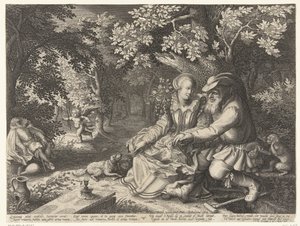 Dood en Cupido schieten elkaars pijlen af en oude man maakt jonge vrouw het hof