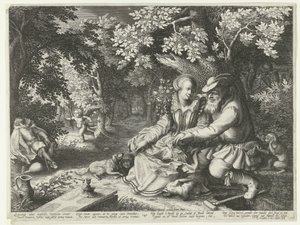 Dood en Cupido schieten elkaars pijlen af en oude man maakt jonge vrouw het hof