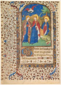 Blad uit een Getijdenboek: Sts. Geneviève, Catharina van Alexandrië, en Margaretha recto..., ca. 1415 door Boucicaut Master