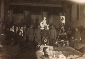 Album van de Eerste Wereldoorlog in Friuli-Venezia Giulia: groepsportret op eerste kerstdag in Villa Brazzà, thuis voor 17 van het oorlogshospitaal in Soleschiano Manzano, 25/12/1915