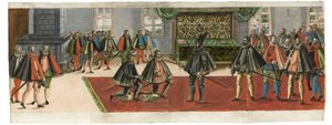 Een ridderslag. Uit de Ordentliche Beschreibung mit was stattlichen Ceremonien door Boys