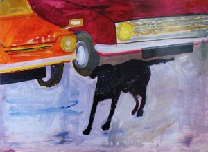 Hond bij de Tweedehands Autohandel, Rex met Rode Auto door Brenda Brin Booker