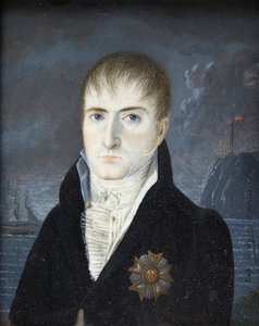 Keizer op het eiland Sint-Helena - Portret van Keizer Napoleon 1e zonder hoed, in zwarte kleding, met het insigne van de grote adelaar van de Orde van het Legioen van Eer door Kapitein Dodgin (actief) door British School