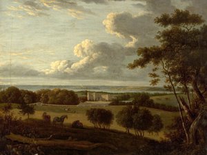Landschap nabij de kust (zicht op een herenhuis met de zee in de verte) door British School