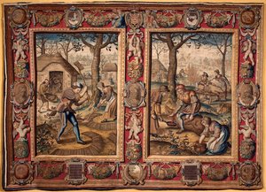 November en December: landbouwarbeid en varkensslacht Tapijt van de manufacturen van Mortlake. 17e eeuw Genes, Musei di Strada Nuova door British School