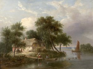 Rivierscène (huisje en bomen)