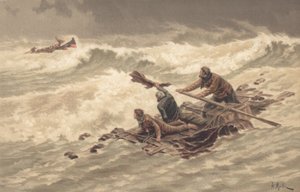 Zeelieden klampen zich vast aan wrakstukken op zee (kleur litho)