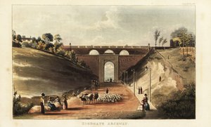 Uitzicht op veedrijvers die vee en schapen naar Smithfield Market drijven onder de boog bij Highgate Hill door British School