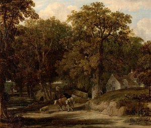 Boslandschap met brug en vee