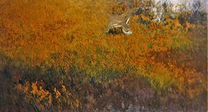 Een zomers landschap met een vogel in vlucht door Bruno Andreas Liljefors