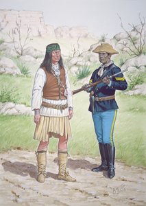 Een Chiricahua Apache krijger en een korporaal van het 10e regiment Amerikaanse cavalerie in 1886, uit een set van zes tableaus