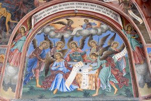Bulgarije, Rila-klooster, engelfresco in de kerk van de Geboorte van de Maagd door Bulgarian School
