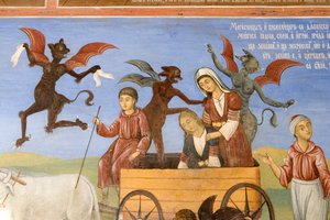 Bulgarije, Rila Klooster, fresco in de kerk van de Geboorte van de Maagd