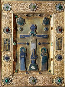 Evangelie van goud en email versierd met gouden bladeren en filigraan kruis met de Maagd en Sint Jan