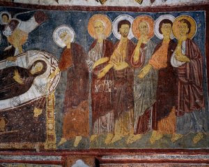Ontslapen van de Maagd onder de Apostelen (detail) door Byzantine