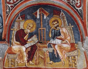 Evangelisten Lucas en Mattheüs schrijven Evangeliën, Karanlik Kilise (Donkere Kerk) (12e-13e eeuw), Goreme (Unesco Werelderfgoedlijst)