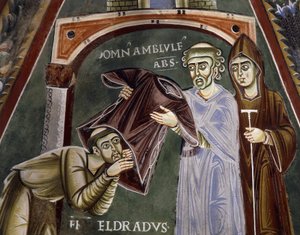 Sint Eldrad keert terug van Santiago de Compostela en ontvangt religieuze kleding van abt van Novalesa, Verhalen uit het leven van Sint Eldrad, Romaanse fresco, Byzantijnse stijl, Kapel van Sint Eldrad en Sint Nicolaas, Abdij van Novalesa, Piëmont, Italië