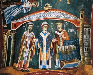 Sint Nicolaas gewijd tot bisschop van Myra, (detail) uit de Verhalen van Sint Nicolaas, Romaanse fresco, Byzantijnse stijl, eind 11e eeuw, Kapel van Sint Eldrad en Sint Nicolaas, Novalesa Abdij, Piëmont, Italië door Byzantine