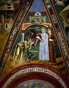 St Nicola, verhalen uit het leven van St Eldrad en St Nicolaas, St Eldrado naar St Jacobus van Compostela: ontvangt een monastieke gewoonte van de abt van Novalesa (detail)