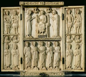 Het Harbaville Drieluik met Christus op de Troon met de Maagd en St. Johannes de Doper, andere panelen met heiligen, uit Constantinopel door Byzantine