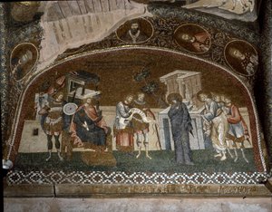 De volkstelling, Maria en Jozef voor Herodes de Grote (Mozaïek van 1310-1320) door Byzantine