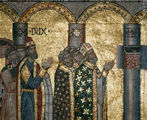 Byzantijnse architectuur: ontdek de urn van Sint Marcus. Detail van mozaïek op gouden achtergrond. Basiliek van San Marco, Venetië door Byzantine Byzantine