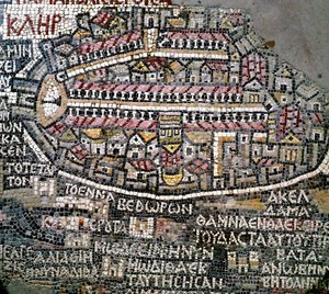 Byzantijnse kunst: oudste kaart van Palestina. Detail dat Jeruzalem voorstelt. Mozaïek van de 6e eeuw. Madaba, Kerk van St. George