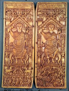 Consulaire diptych van Anastasius (491-518) gesneden in Constantinopel, Theodosiaanse stijl, 517 AD door Byzantine School