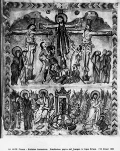 Kruisiging en de Opstanding, uit de Rabula Evangeliën, 586 AD door Byzantine School