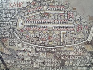 Detail van een Byzantijns mozaïek dat de stad Jeruzalem afbeeldt