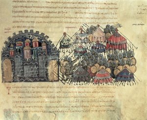 Byzantijnen belegeren Messina, uit de Madrid Skylitzes door Byzantine School
